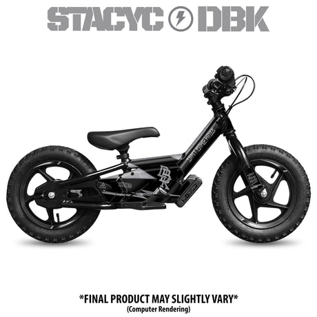 Black small-wheel bicycle with custom side graphics and decals, seat, fork, and wheels