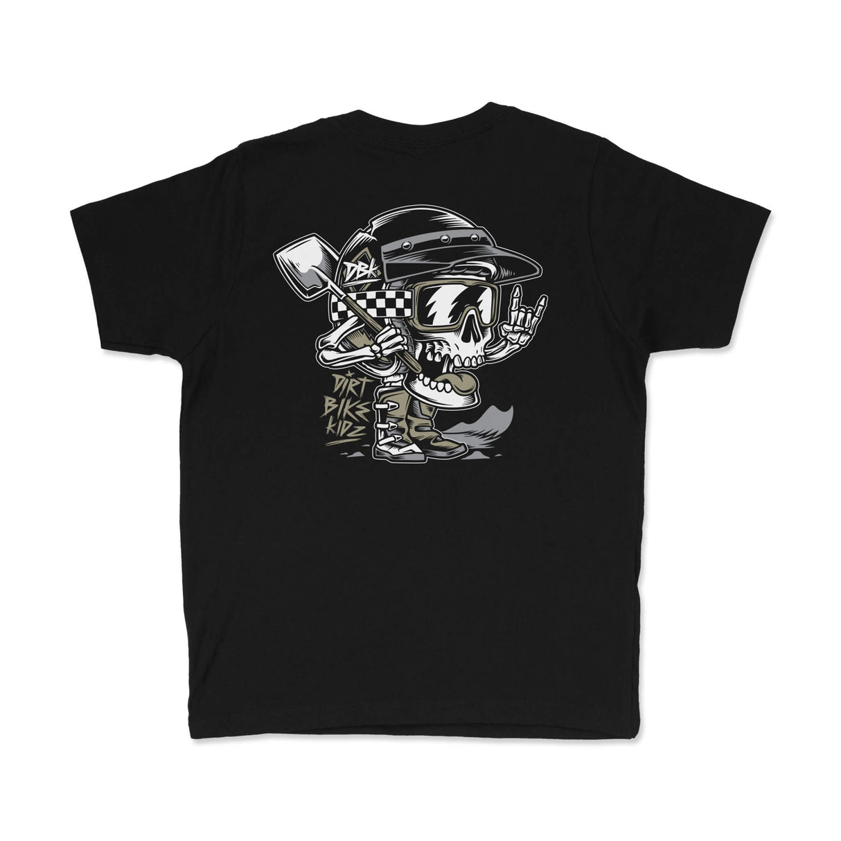 Youth black premium tee with large back skull, helmet, and flag graphic
