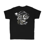 Youth black premium tee with large back skull, helmet, and flag graphic