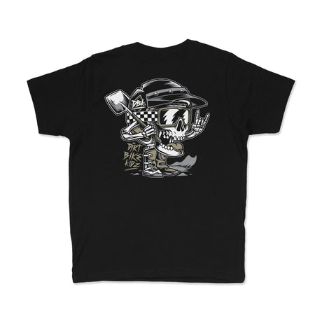 Youth black premium tee with large back skull, helmet, and flag graphic