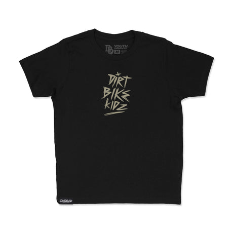 Youth black premium tee with centered front “Dirt Bikes Kidz” logo