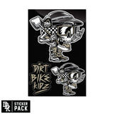Sticker sheet with two moto skull rider stickers and VRT BIK KIZ text, plus STICKER PACK badge