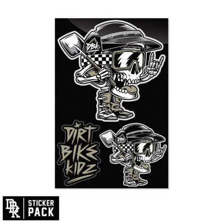 Sticker sheet with two moto skull rider stickers and VRT BIK KIZ text, plus STICKER PACK badge
