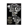 Sticker sheet with two moto skull rider stickers and VRT BIK KIZ text graphics