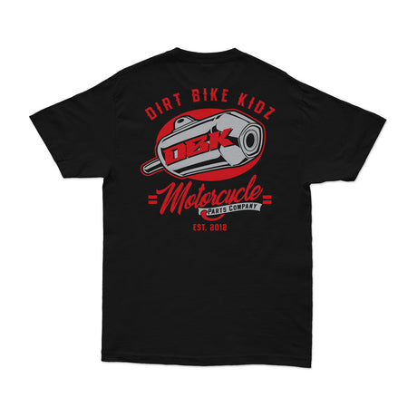 Black Factory Tee with large back DBK motorcycle graphic and red text.