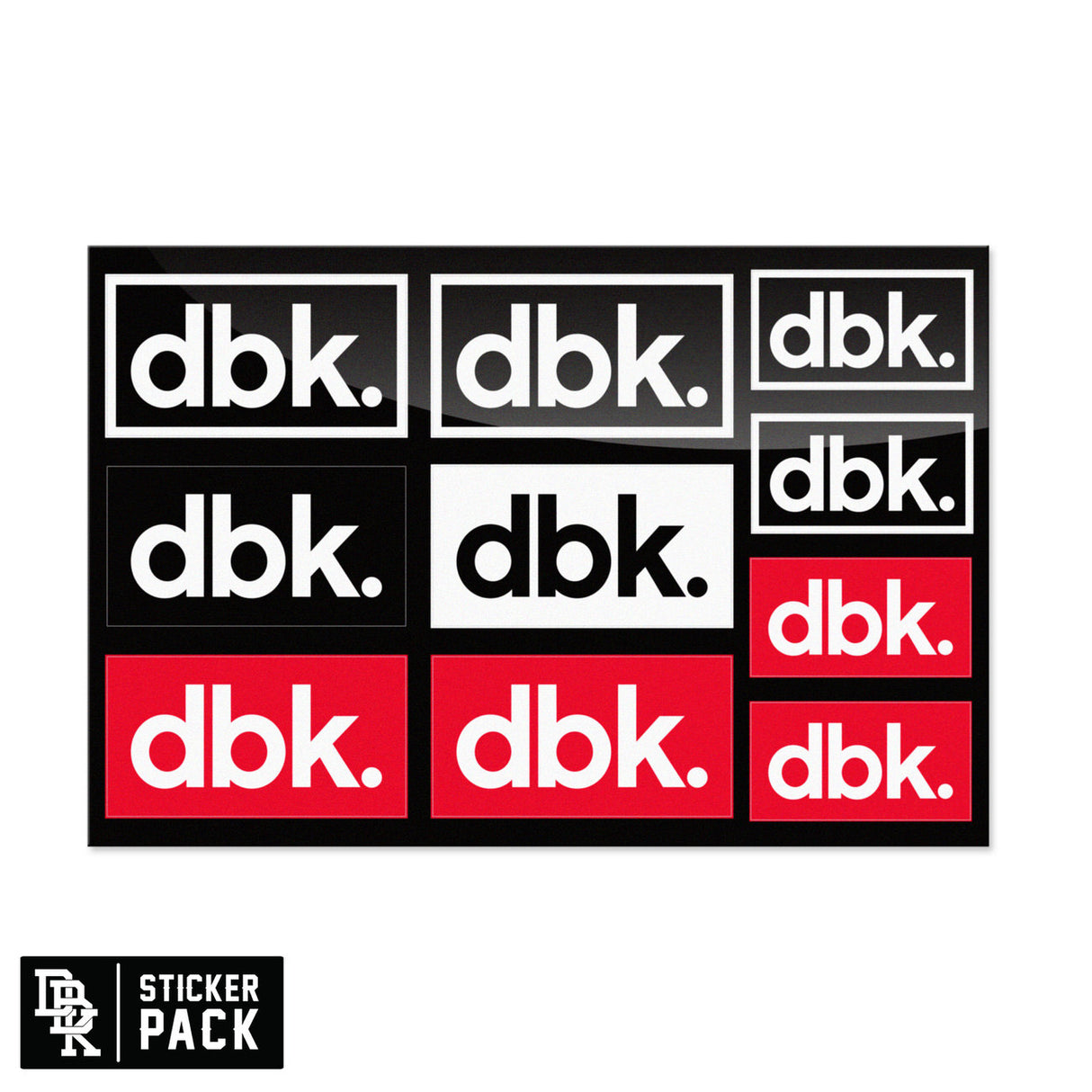 Sticker pack set of dbk logo stickers with red and black labels