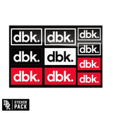 Sticker pack set of dbk logo stickers with red and black labels