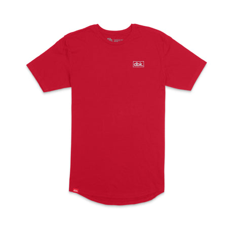 Tall red crew-neck tee with dbk chest patch and curved side hem