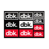 Sticker pack set of dbk logo stickers in red and black boxes