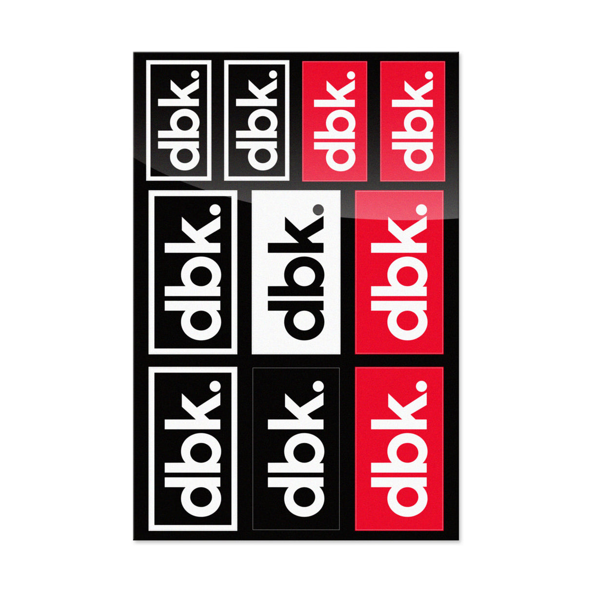 Sticker pack sheet with dbk logo stickers in red and black rectangles