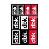 Sticker pack sheet with dbk logo stickers in red and black rectangles