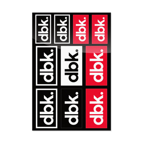 Sticker pack sheet with dbk logo stickers in red and black rectangles