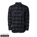 Charcoal plaid flannel button-up shirt with two chest flap pockets
