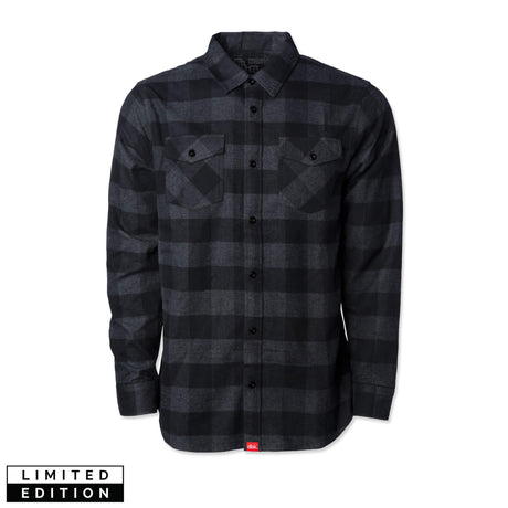 Charcoal plaid flannel button-up shirt with two chest flap pockets