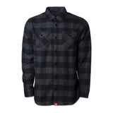 Charcoal plaid flannel shirt with button front, spread collar, and chest pockets