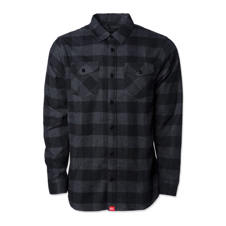 Charcoal plaid flannel shirt with button front, spread collar, and chest pockets