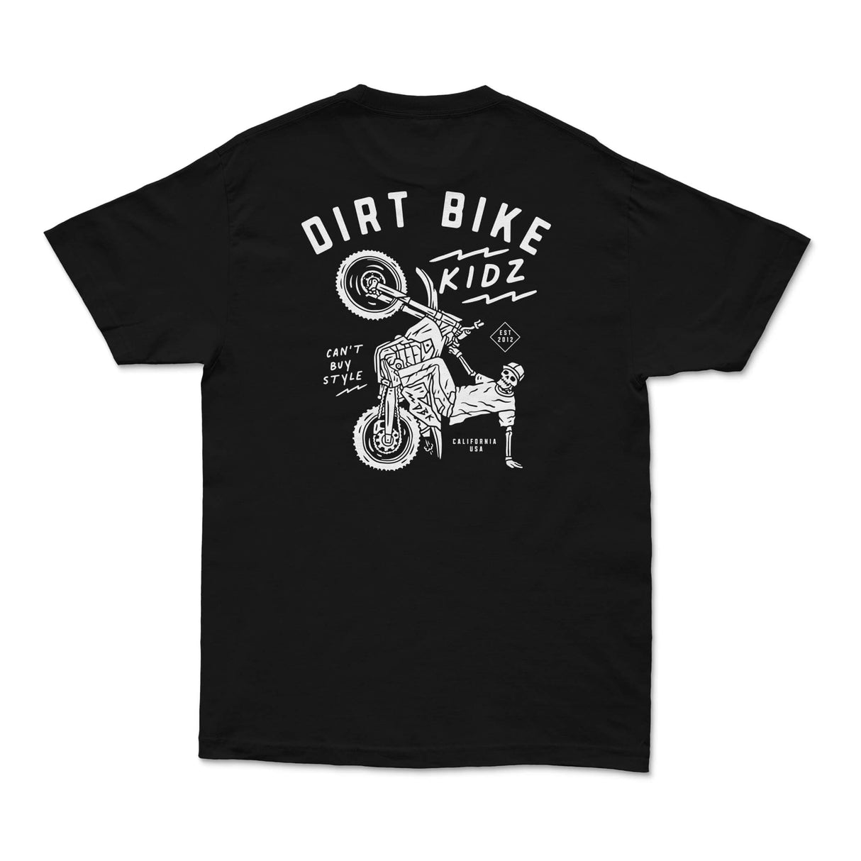 Black kids T-shirt with large back graphic of dirt bike rider and skull motif