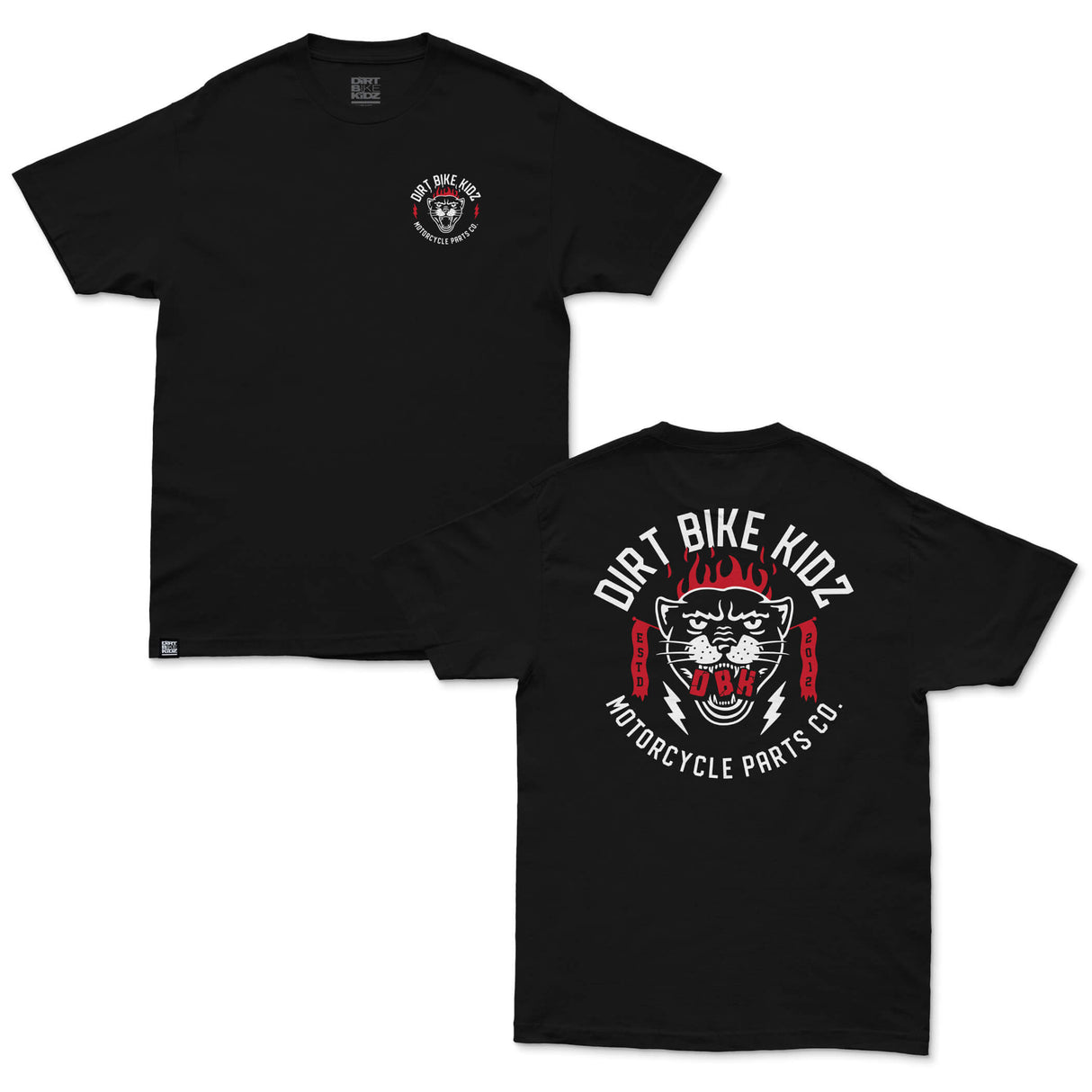 Black graphic T-shirt with small round motorcycle parts logo on left chest