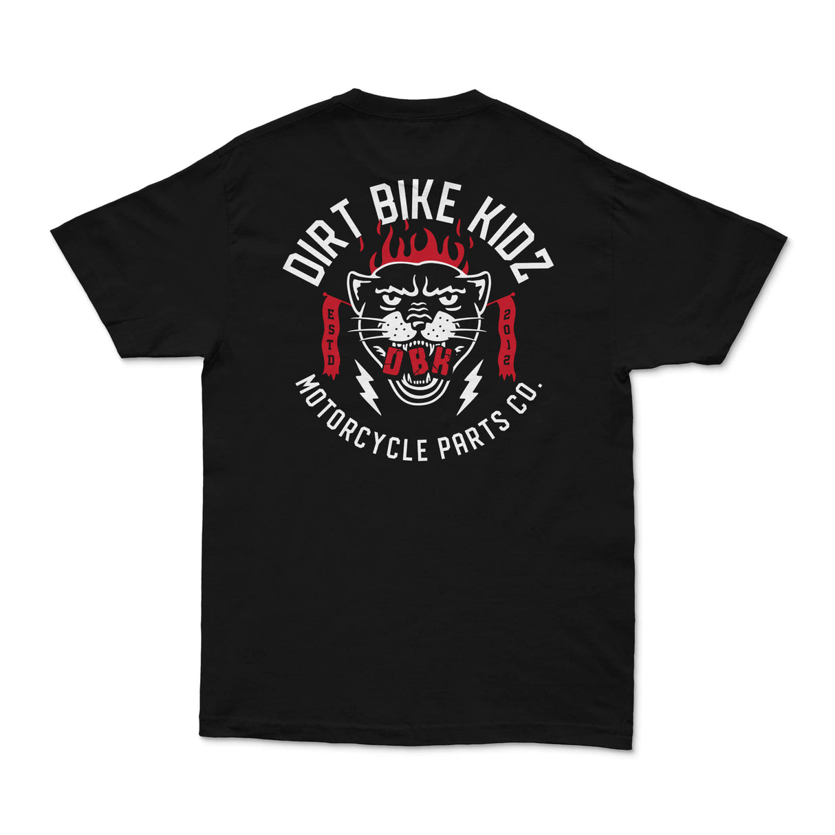 Black graphic T-shirt with large back Dirt Bike Kidz motorcycle parts logo