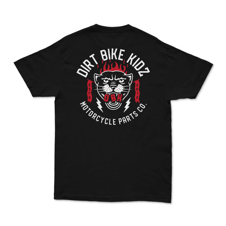 Black graphic T-shirt with large back Dirt Bike Kidz motorcycle parts logo