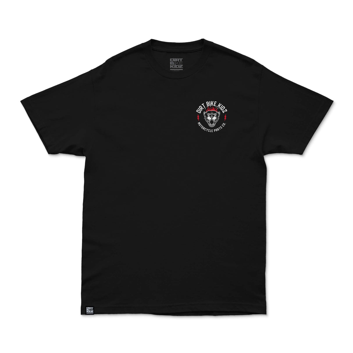 Black graphic T-shirt with small round Dirt Bike Kidz motorcycle parts logo