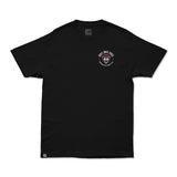 Black graphic T-shirt with small round Dirt Bike Kidz motorcycle parts logo