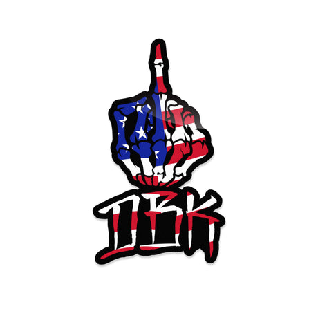 Finger LE sticker: fist and drip-style lettering in red/white/blue stars