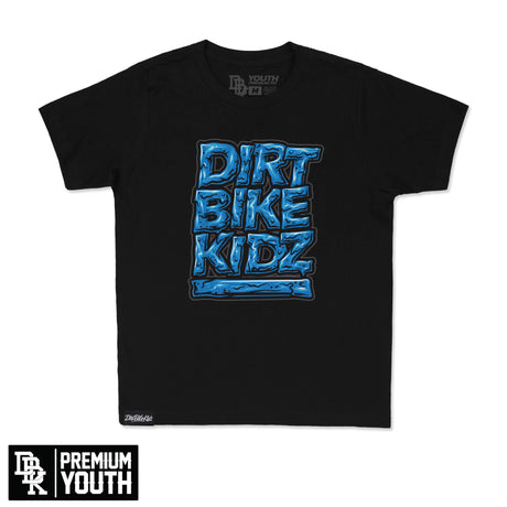 Youth premium tee, black, front graphic logo in blue and black, crew neck