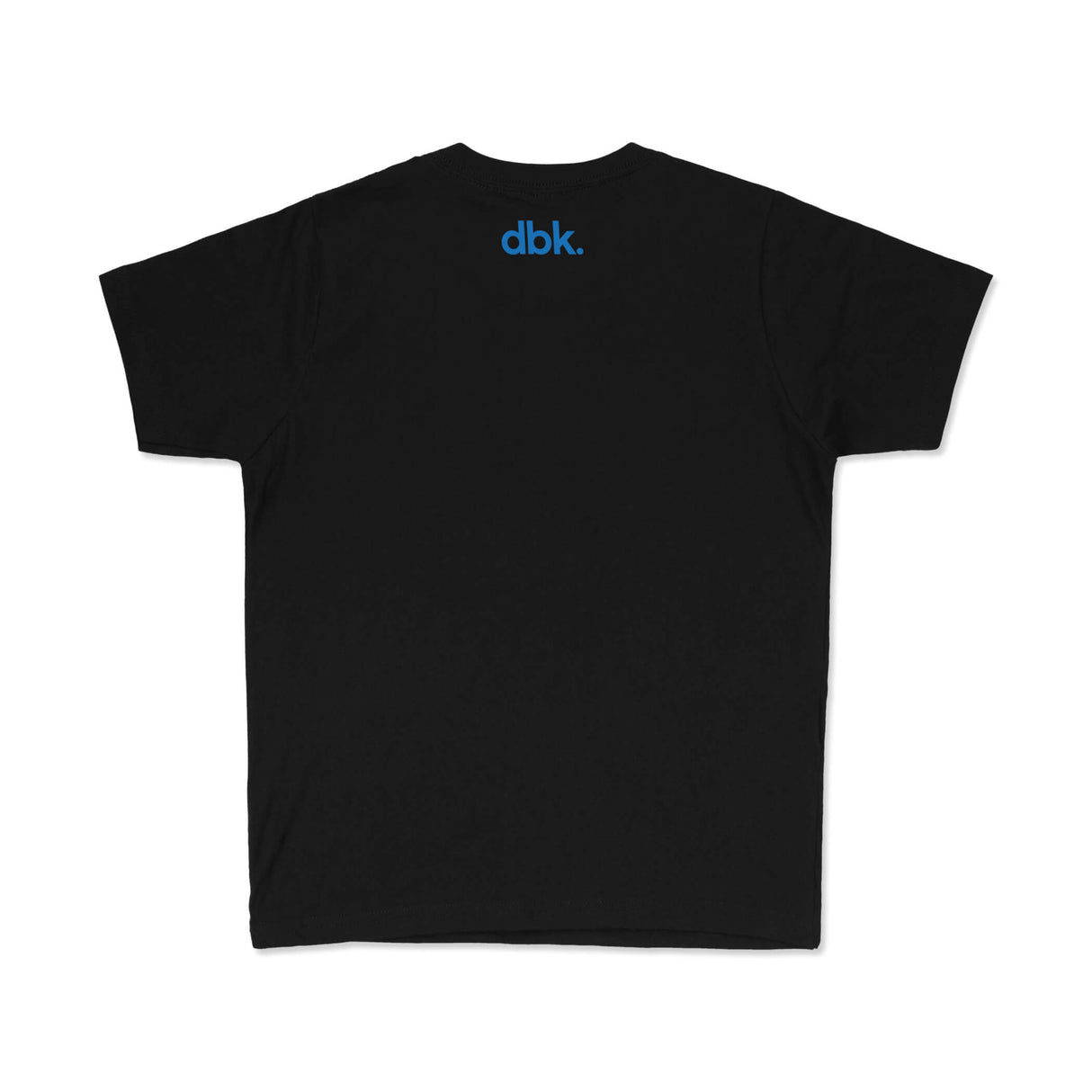 Youth premium tee, black, back view with small dbk. logo near upper back