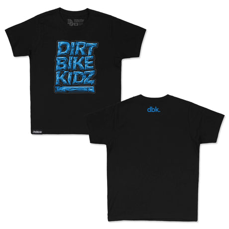 Youth premium tee set: black front with blue “DIRT BIKE KIDZ” print; back shows dbk.