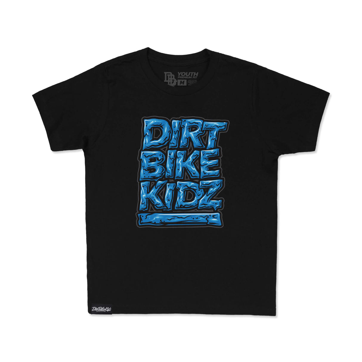 Youth premium tee, black, centered blue “DIRT BIKE KIDZ” print, crew neck