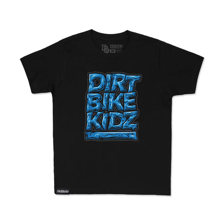 Youth premium tee, black, centered blue “DIRT BIKE KIDZ” print, crew neck