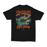 Black Boneyard tee with large back circle graphic and “Dig n’ Destroy” text