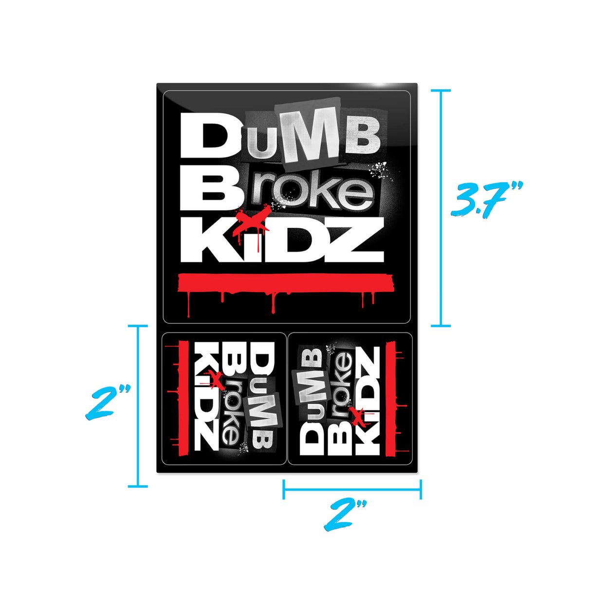 Sticker pack with four 'Dumb Broke Kidz' wordmark stickers on black backing