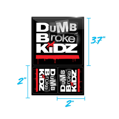 Sticker pack with four 'Dumb Broke Kidz' wordmark stickers on black backing