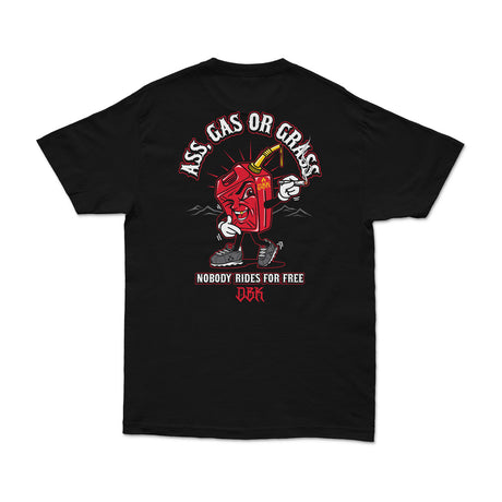 Black T-shirt with large back graphic, character and red text, crew neck
