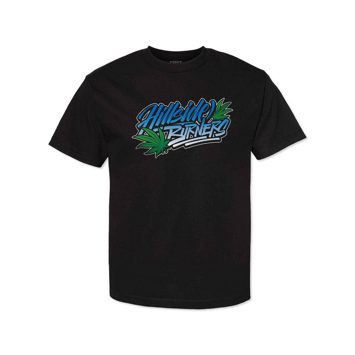 Black short-sleeve T-shirt with small blue and green logo graphic on chest