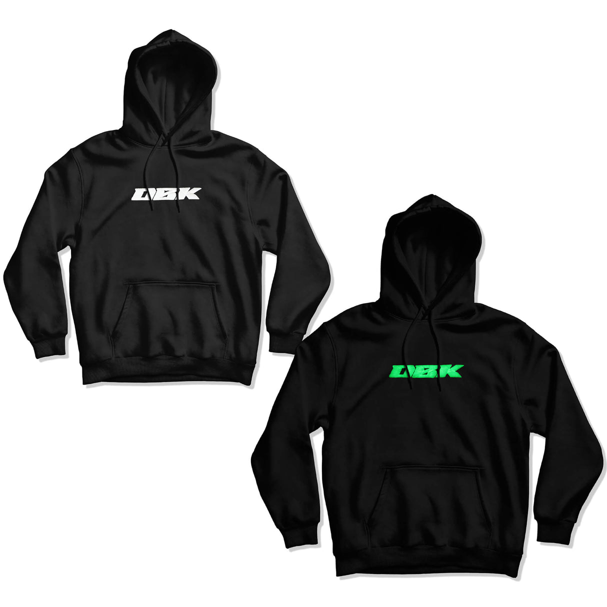 Glow hoodie set: black hoodies with white and green LEBK front logos