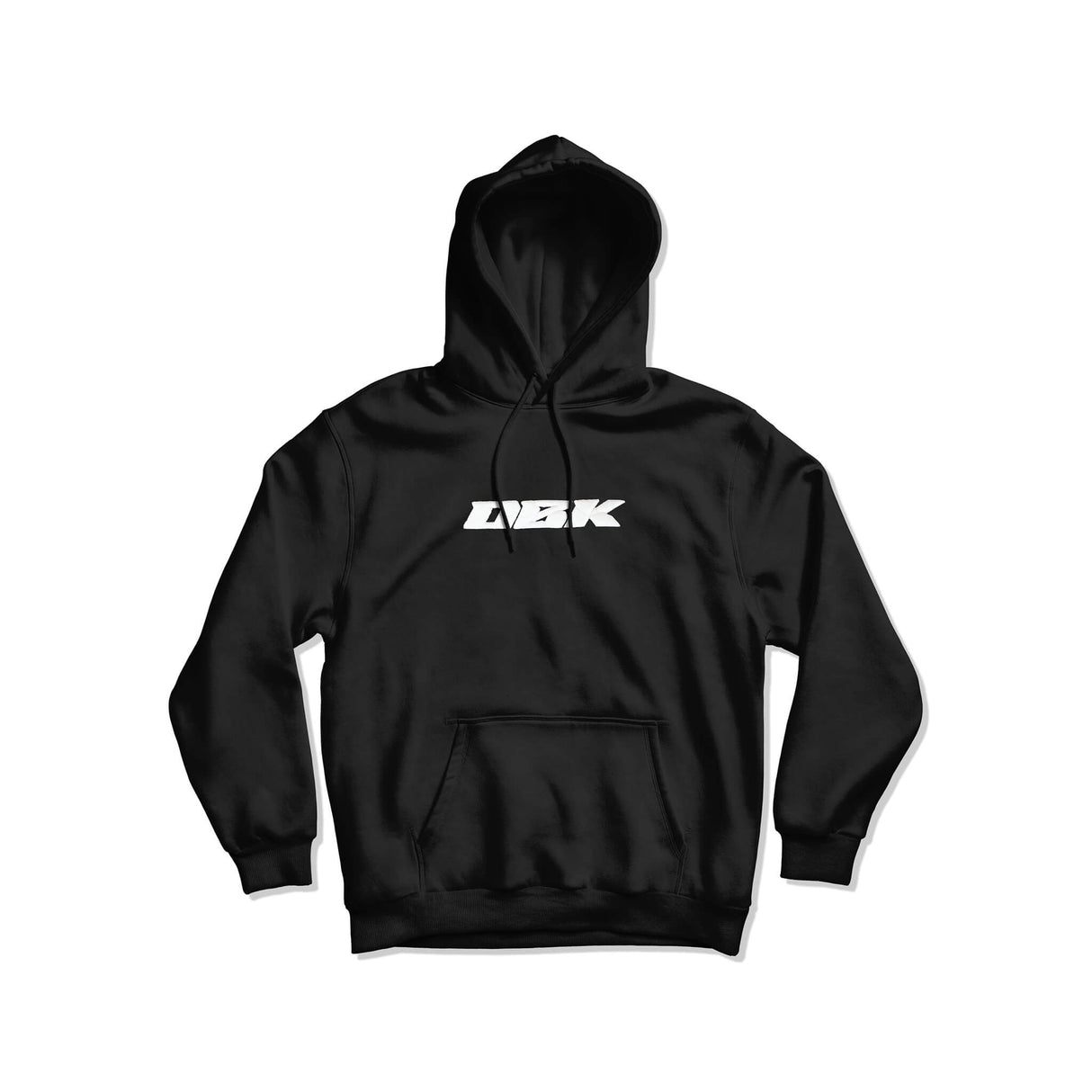 Black glow hoodie with hood and front pocket; white LEBK logo on chest