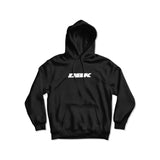 Black glow hoodie with hood and front pocket; white LEBK logo on chest