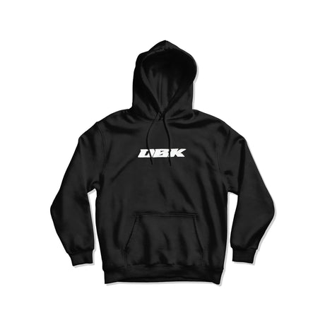 Black pullover hoodie with hood, front pocket, DBK logo on chest