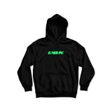 Black glow hoodie with hood and front pocket; green LEBK logo on chest