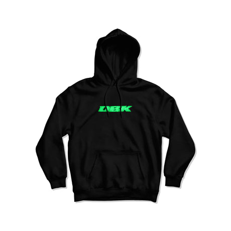Black pullover hoodie with hood, front pocket, green DBK logo on chest