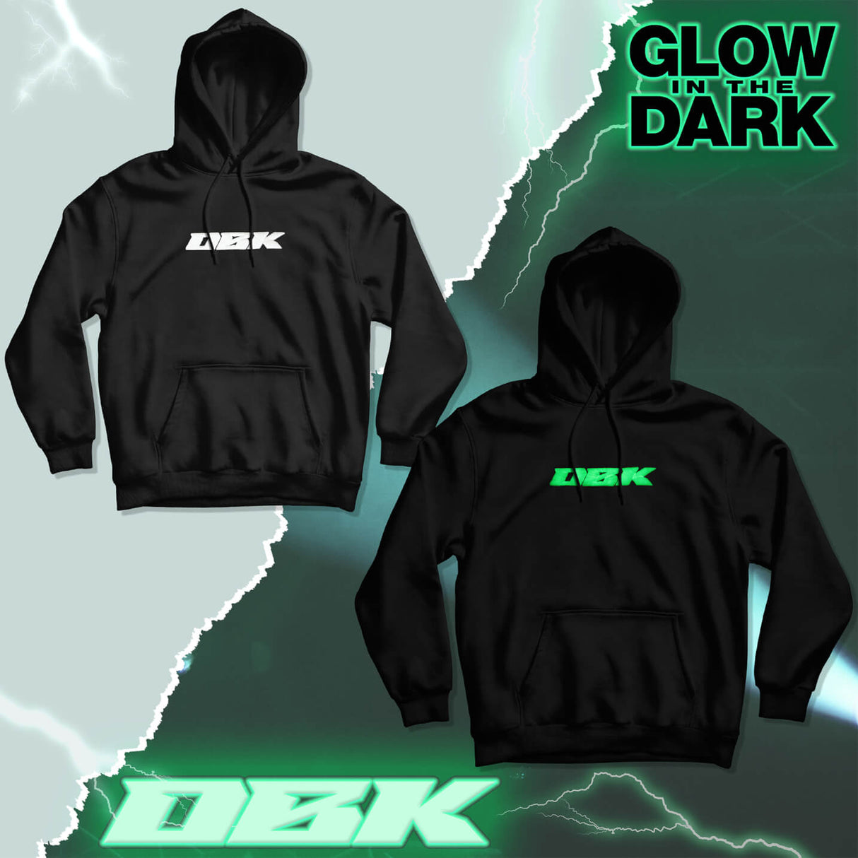 Glow hoodie in black with hood, front pocket, and white LEBK logo
