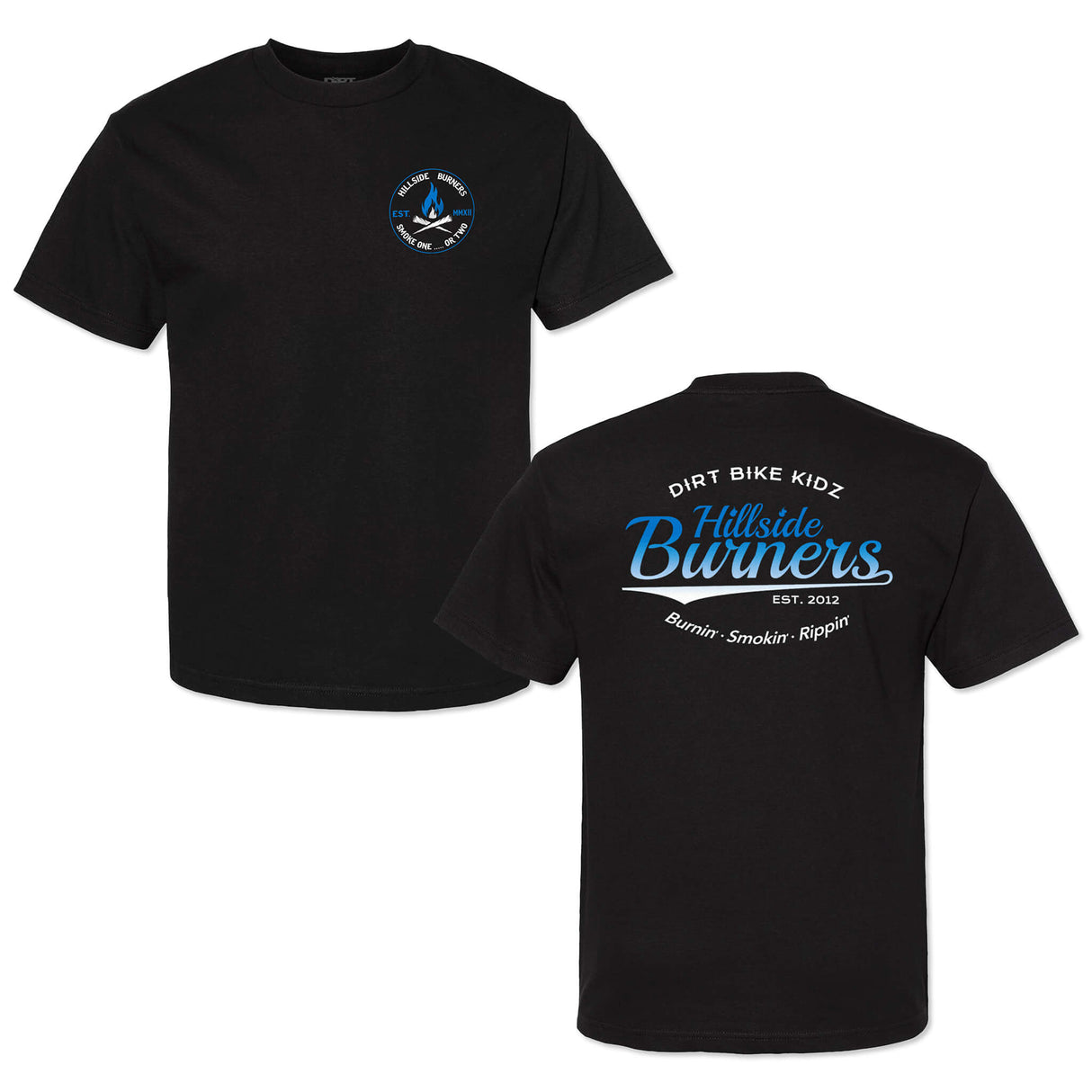 Black crew-neck T-shirt showing front and back views with blue Hillside Burners logos