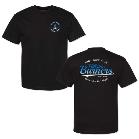 Black crew-neck T-shirt showing front and back views with blue Hillside Burners logos