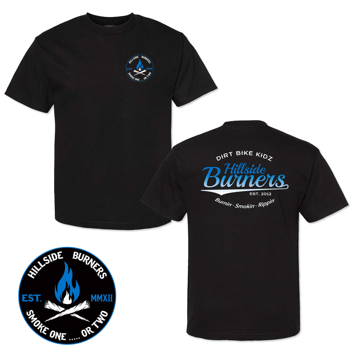 Black crew-neck T-shirt with front round logo patch and large back graphic print