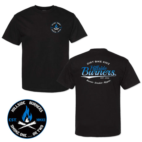Black crew-neck T-shirt with front round logo patch and large back graphic print