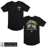 Black short-sleeve T-shirt with small chest flame logo graphic