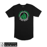 Black Hillside Burners T-shirt with large green-and-white circular logo graphic
